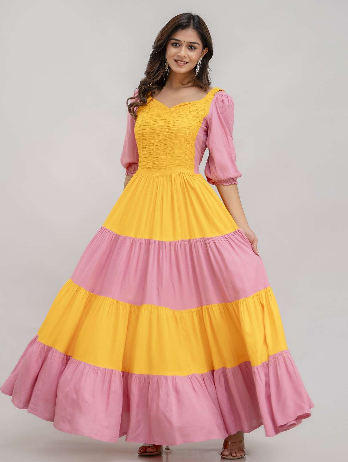 women color block puff sleeve tiered dress