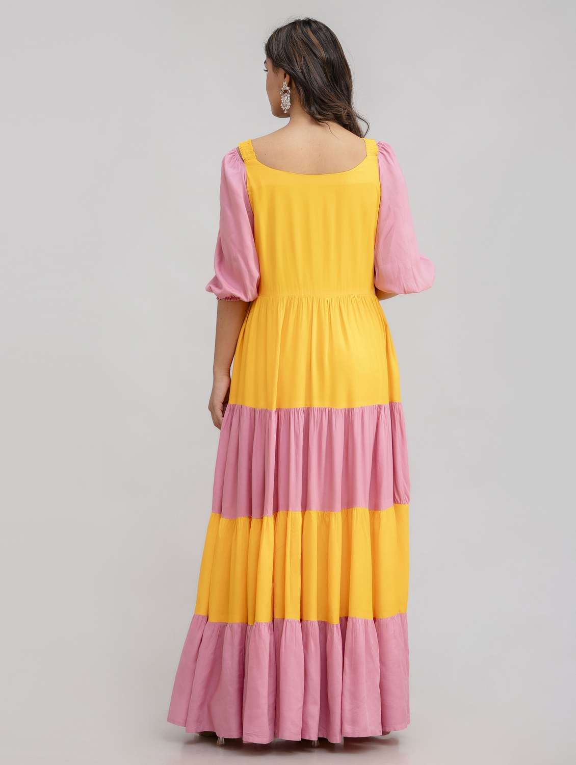 women color block puff sleeve tiered dress - 21963340 -  Standard Image - 3