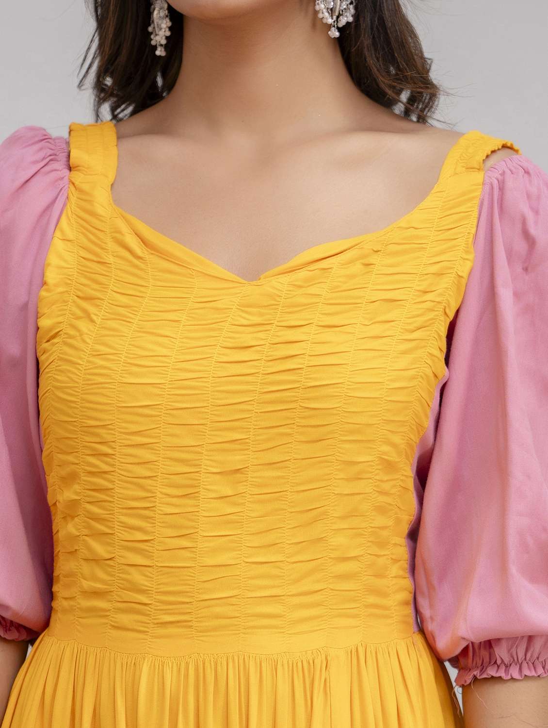 women color block puff sleeve tiered dress - 21963340 -  Standard Image - 5