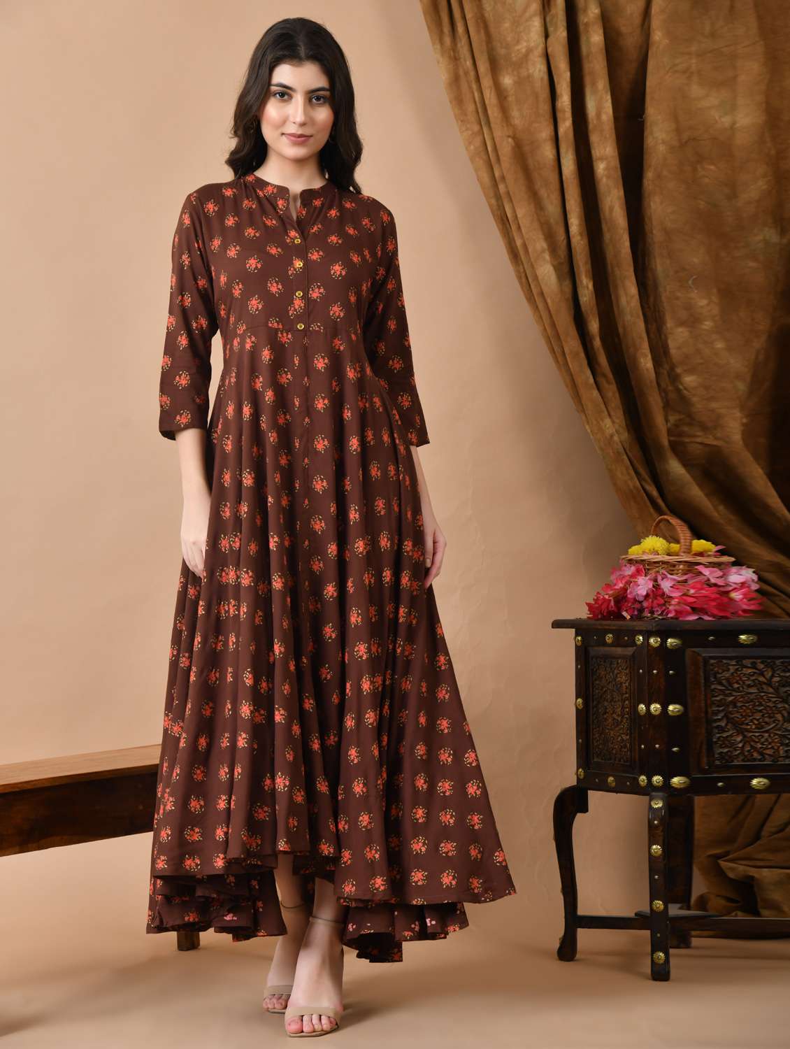 women floral printed three quarter sleeve ethnic dress - 21963341 -  Zoom Image - 0