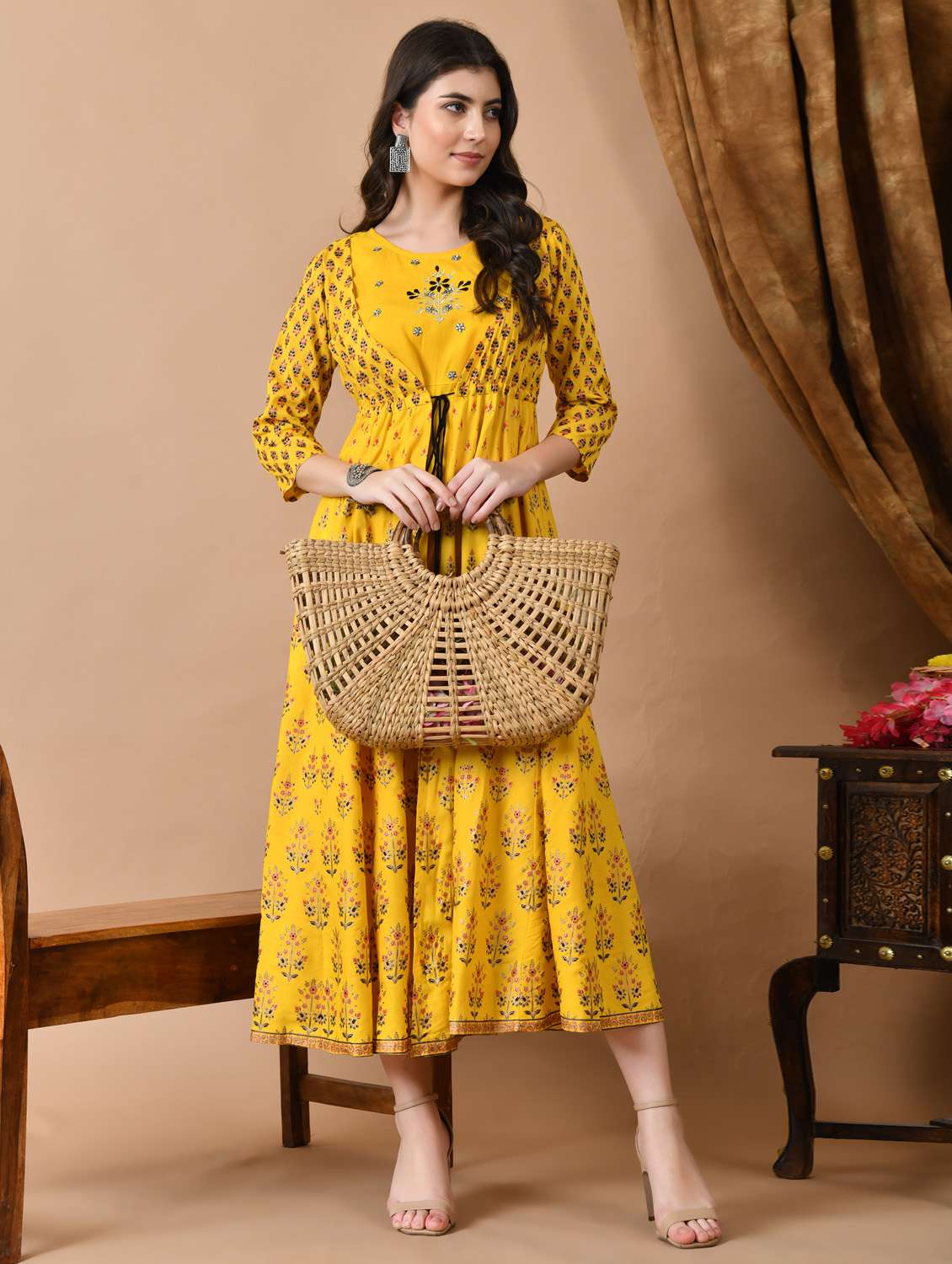 women printed three quarter sleeve ethnic dress - 21963345 -  Zoom Image - 0