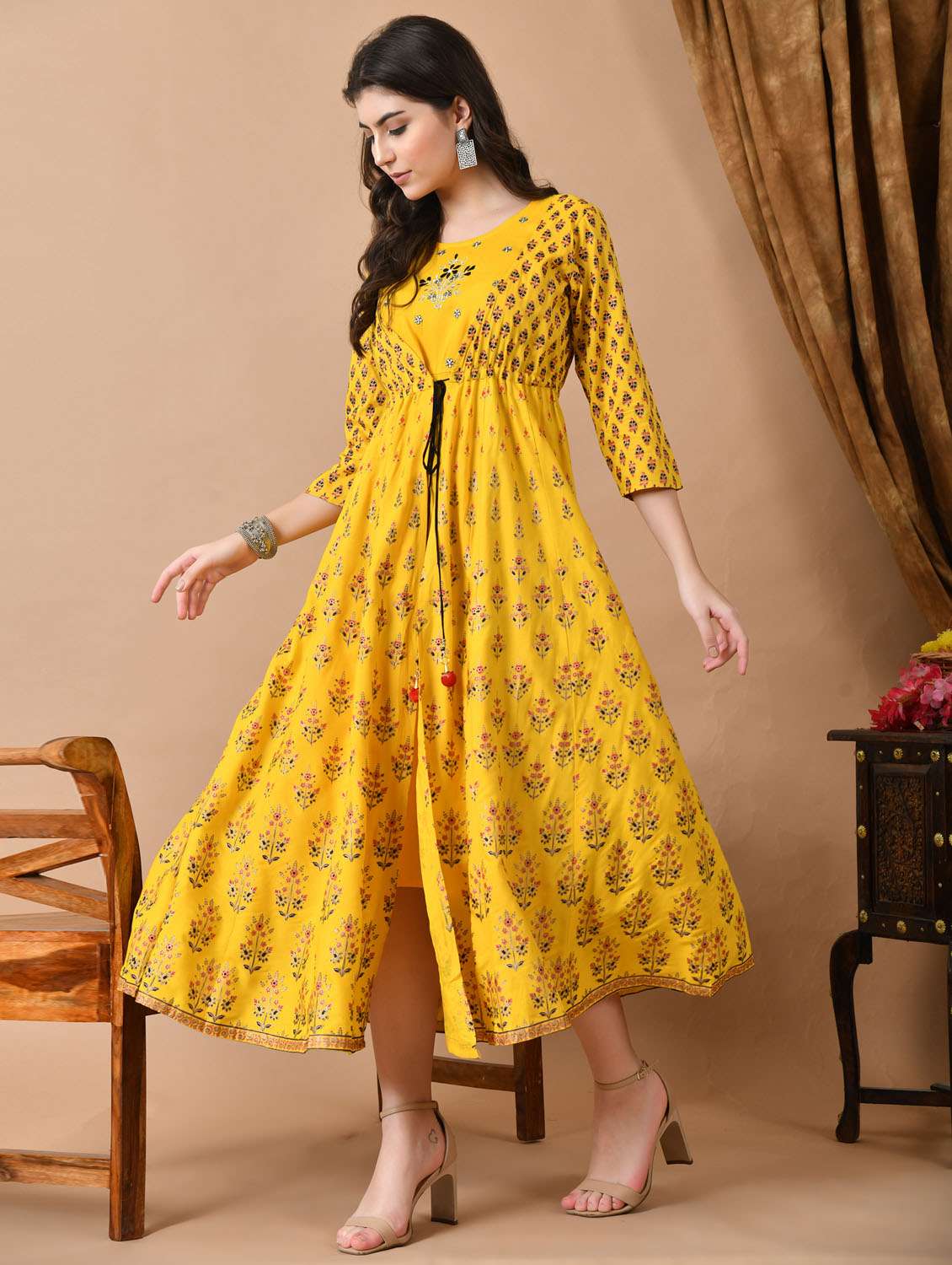 women printed three quarter sleeve ethnic dress - 21963345 - Standard Image - 3