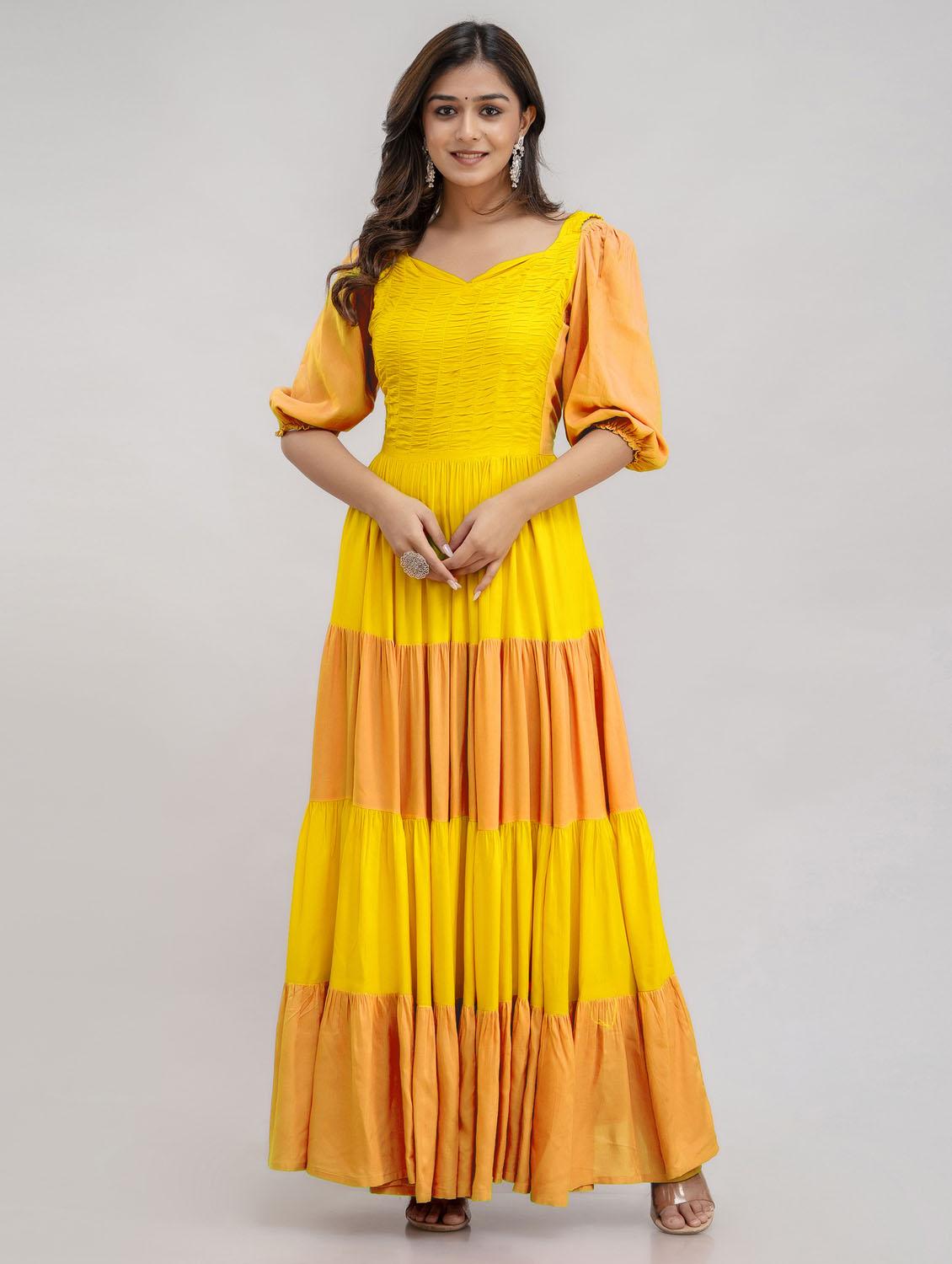 women color block puff sleeve tiered dress - 21963346 -  Zoom Image - 0