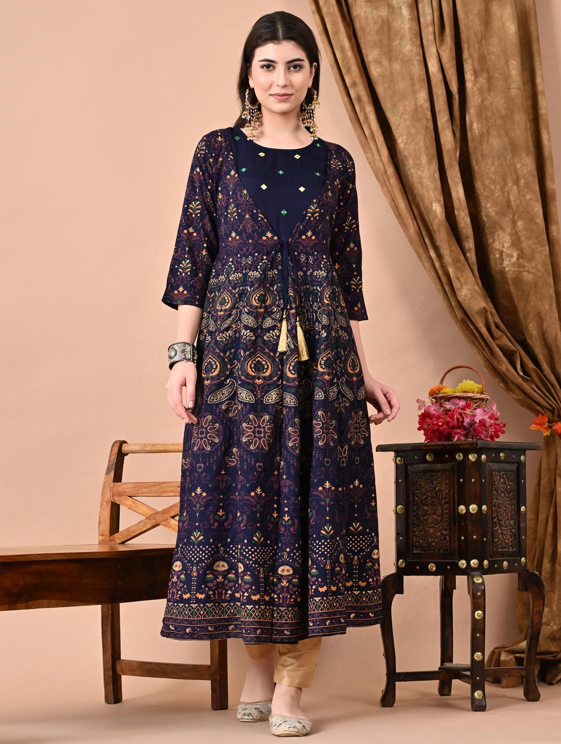 women printed three quarter sleeve flared kurta - 21963347 - Zoom Image - 0