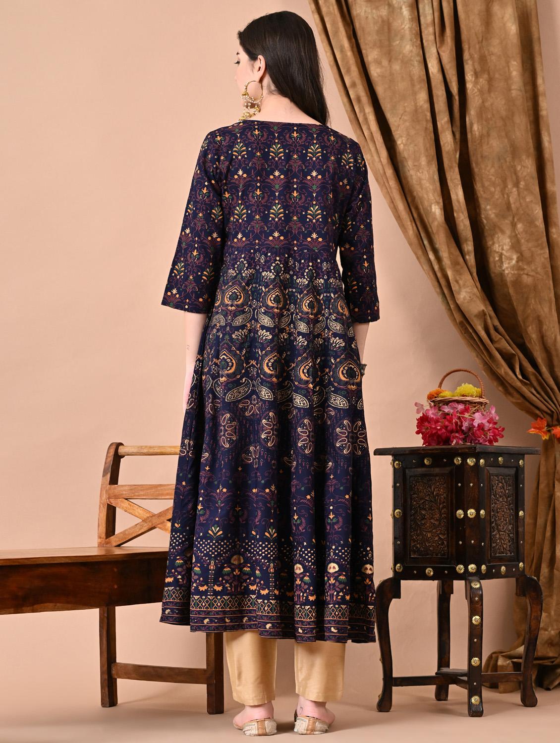women printed three quarter sleeve flared kurta - 21963347 - Standard Image - 3