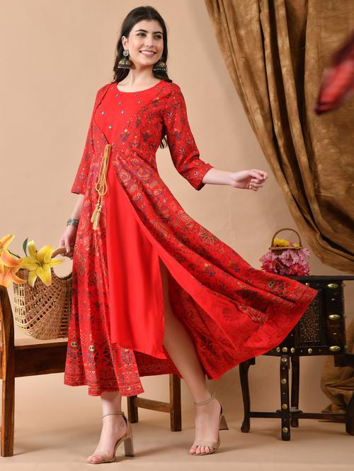 women printed three quarter sleeve ethnic dress - 21963348 - Standard Image - 0