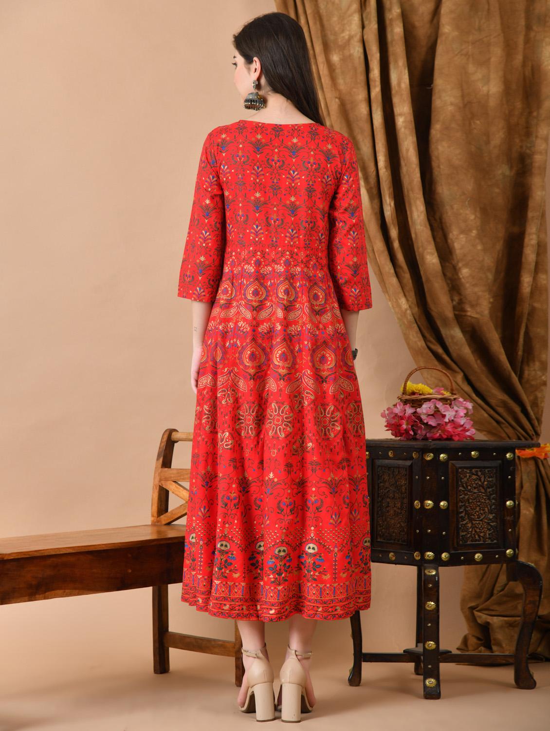 women printed three quarter sleeve ethnic dress - 21963348 - Standard Image - 3