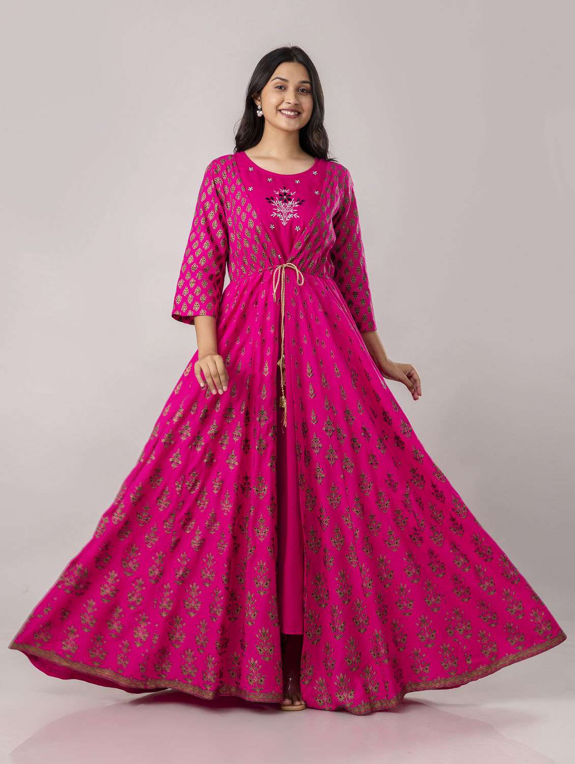 women printed three quarter sleeve ethnic dress - 21963349 - Standard Image - 3