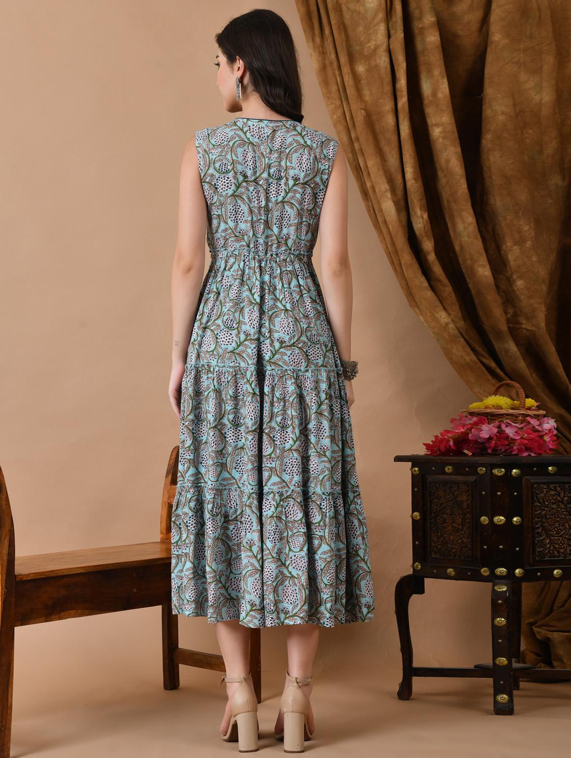 women blue floral printed sleeveless tiered ethnic dress - 21963352 - Standard Image - 3