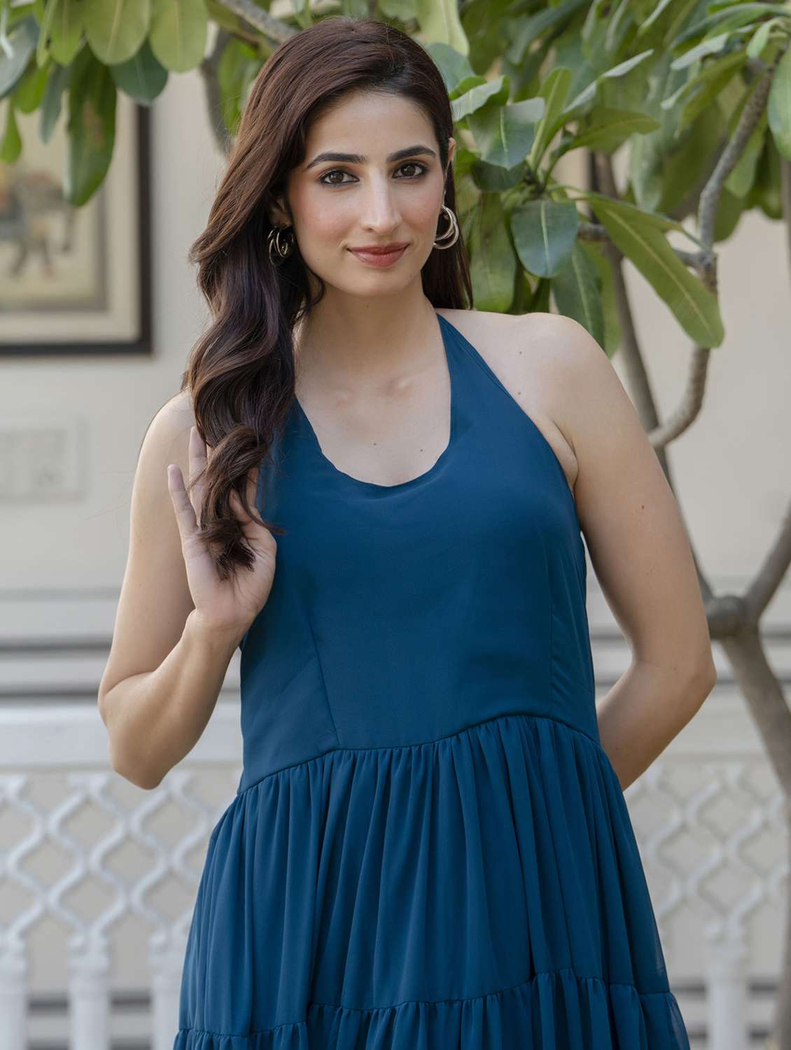 women teal solid halter neck tiered dress - 21963353 -  Standard Image - 3