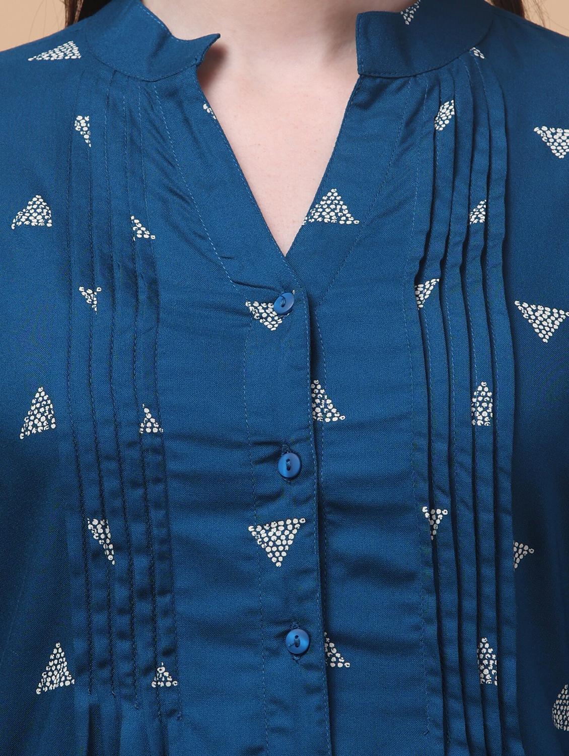 women blue printed mandarin neck tunic - 21963357 - Standard Image - 3