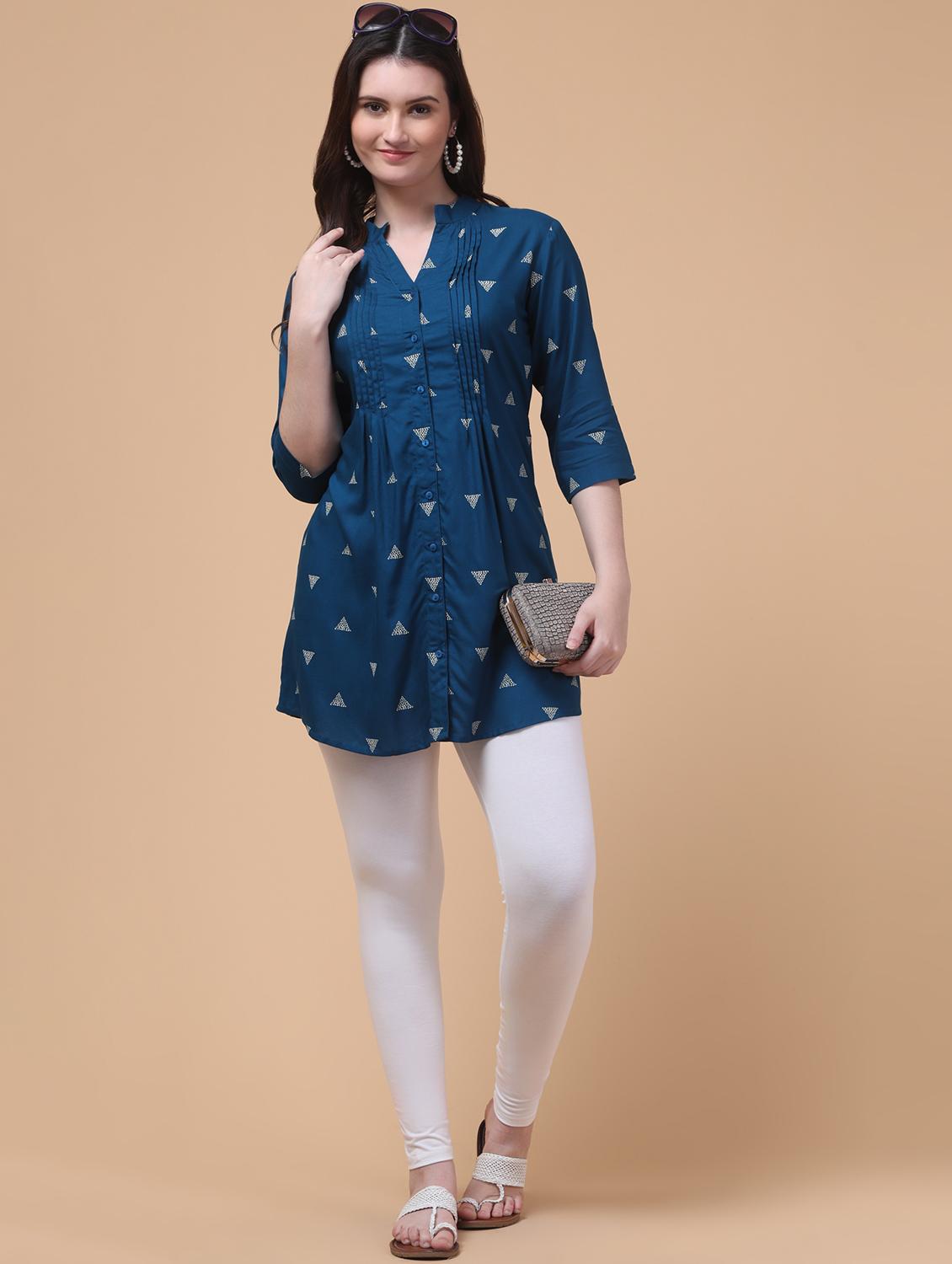 women blue printed mandarin neck tunic - 21963357 - Standard Image - 5