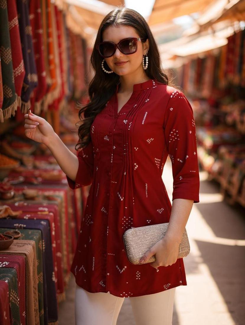 women red printed mandarin neck tunic - 21963358 -  Zoom Image - 0