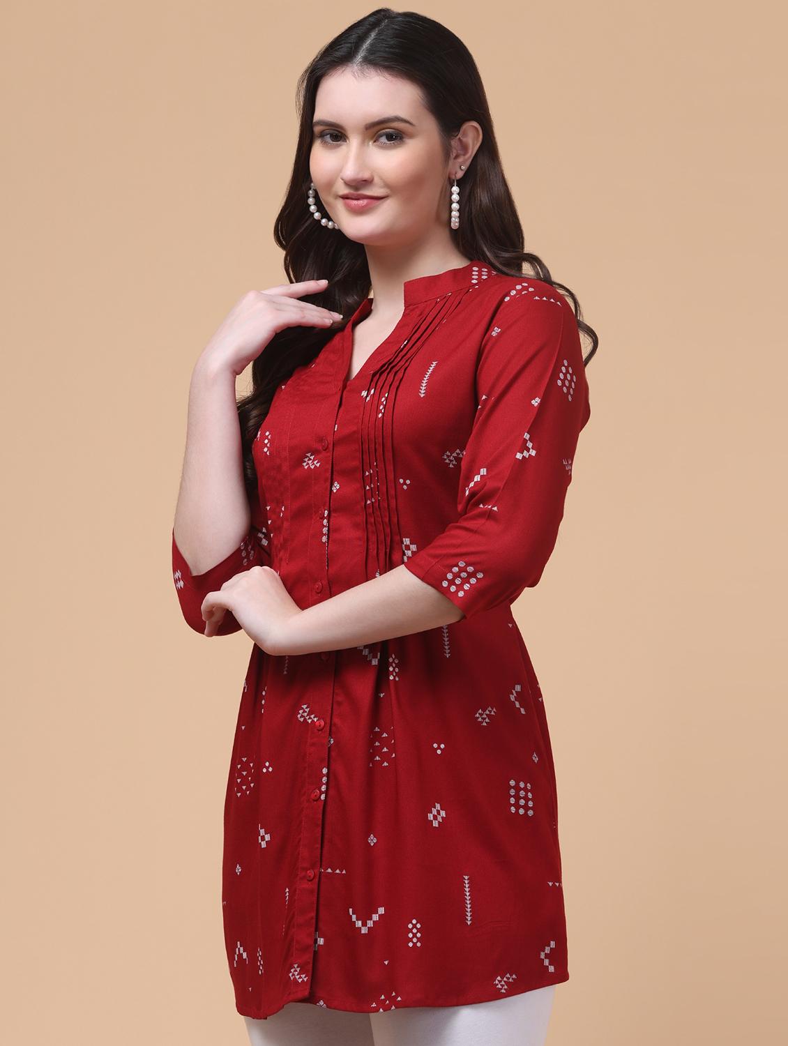 women red printed mandarin neck tunic - 21963358 - Standard Image - 3