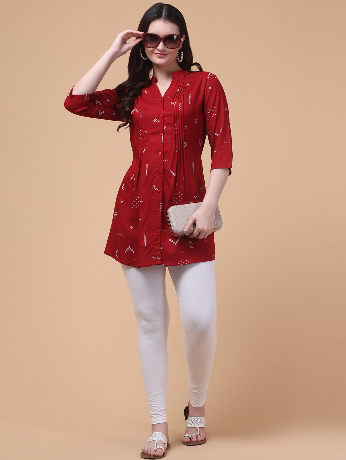 women red printed mandarin neck tunic - 21963358 - Standard Image - 5
