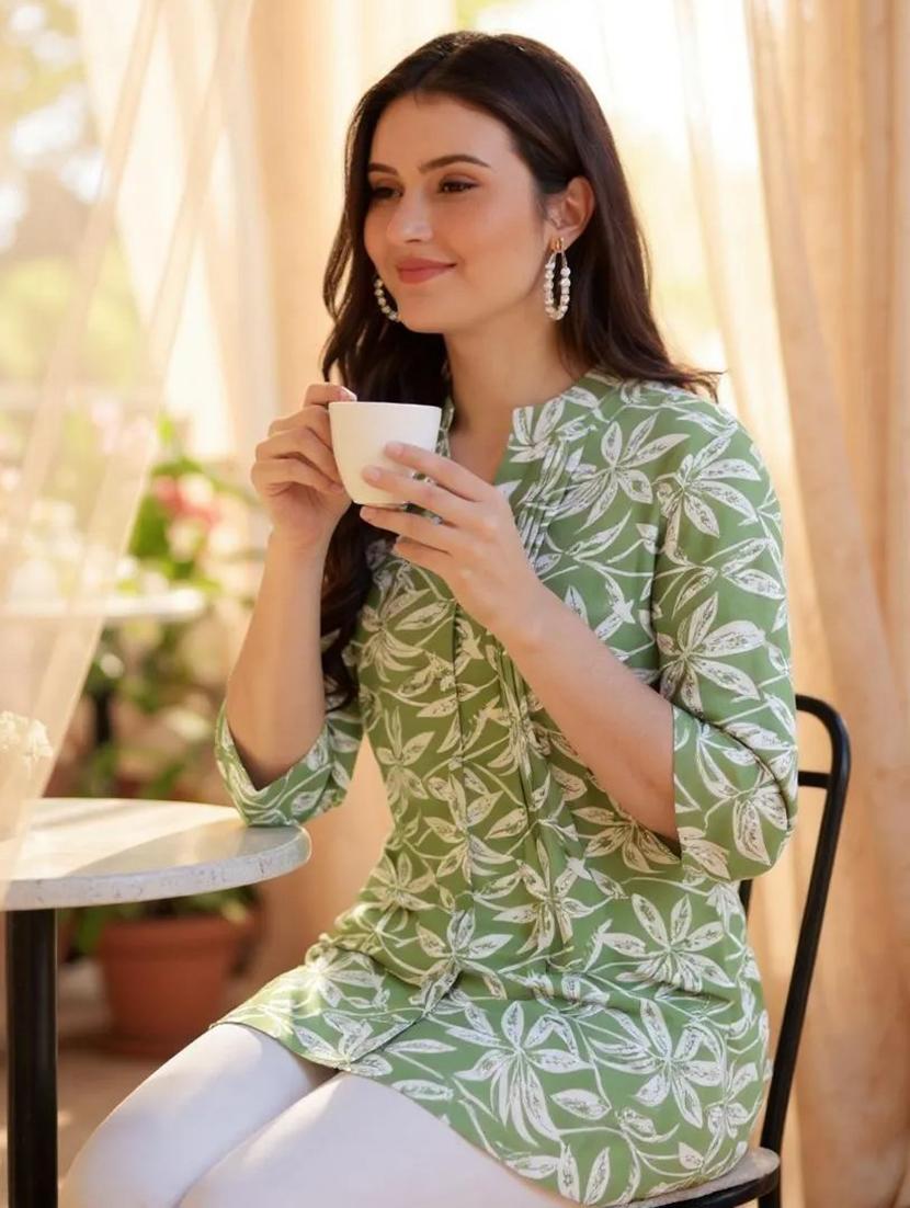women green printed mandarin neck tunic - 21963360 -  Zoom Image - 0