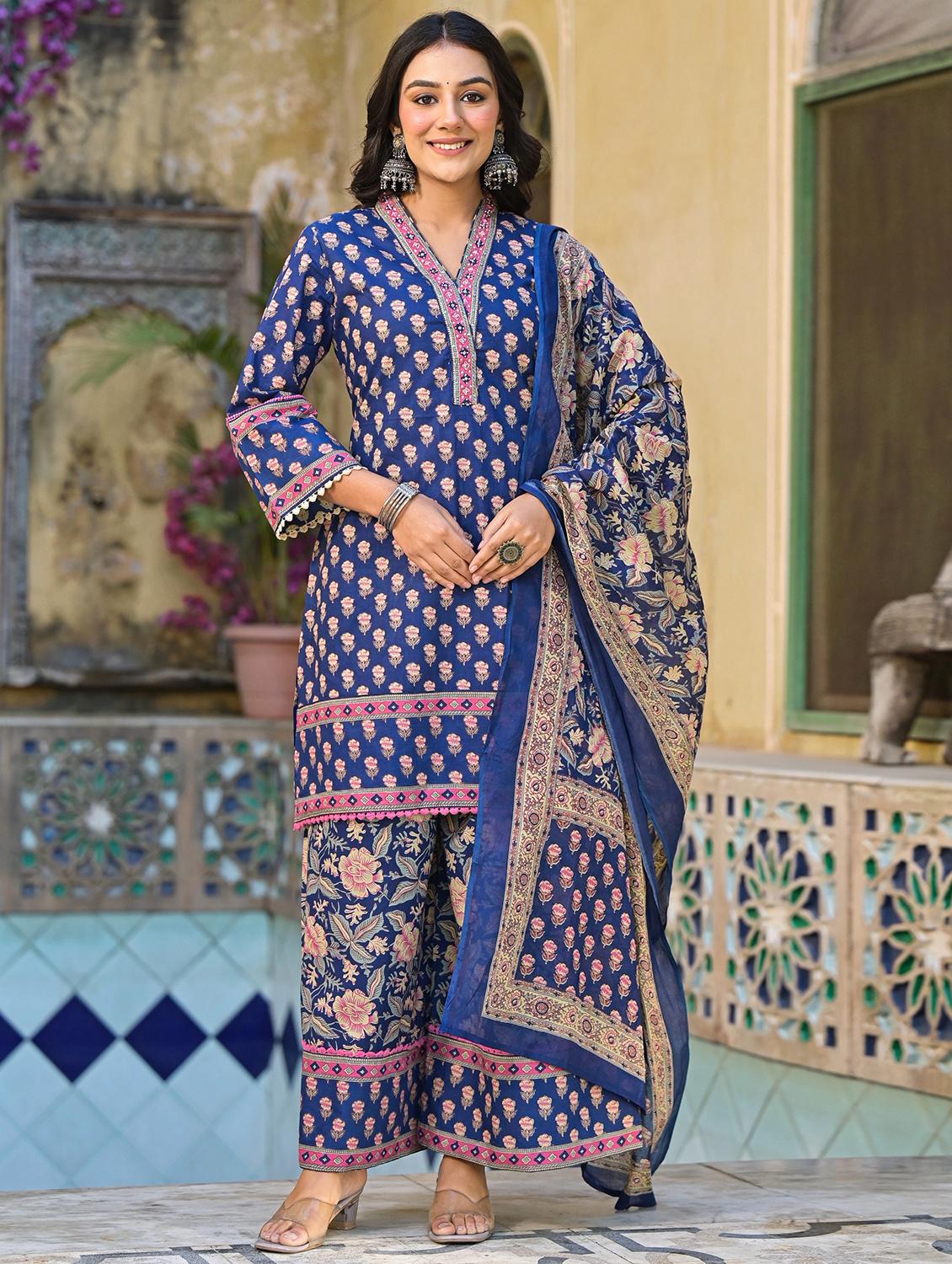 women three quarter sleeve kurta palazzo with dupatta set