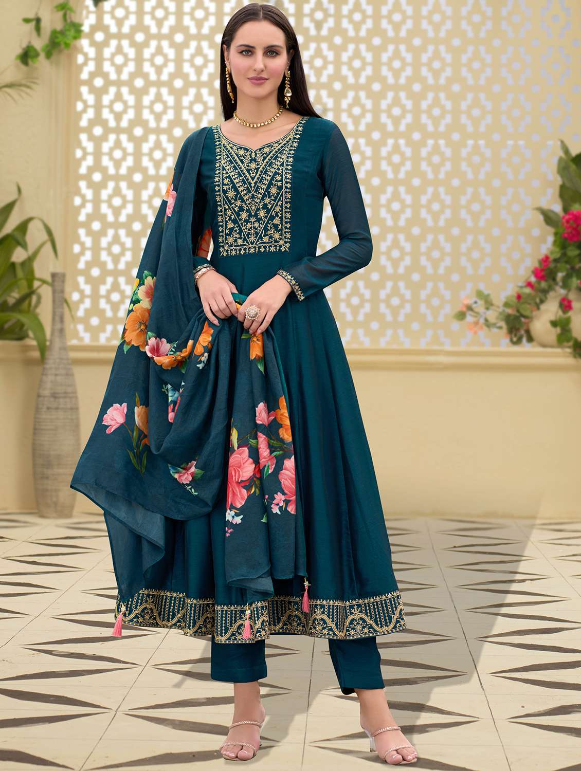 women teal long sleeve anarkali kurta pant with dupatta set - 21963481 -  Zoom Image - 0