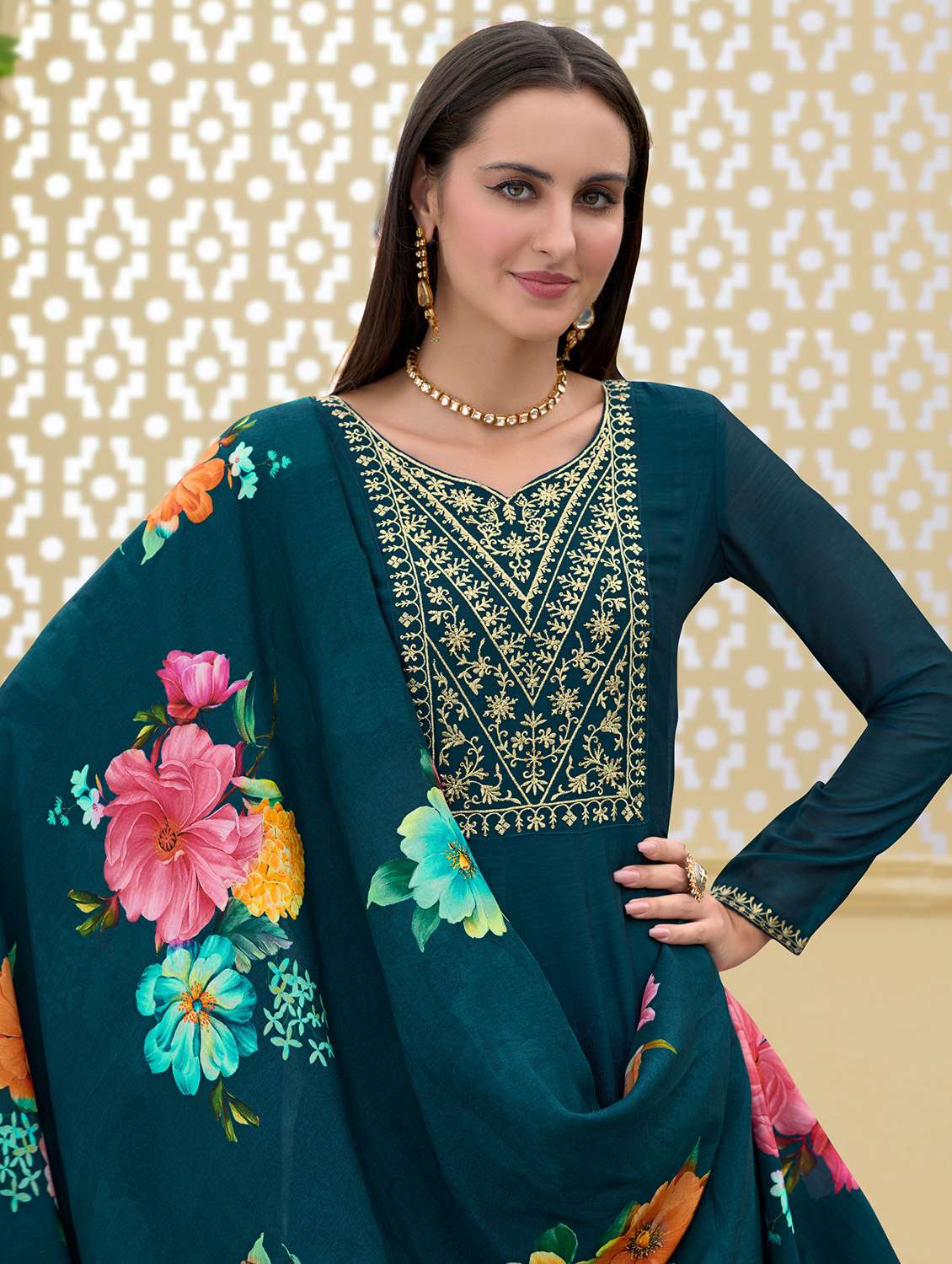 women teal long sleeve anarkali kurta pant with dupatta set - 21963481 - Standard Image - 3