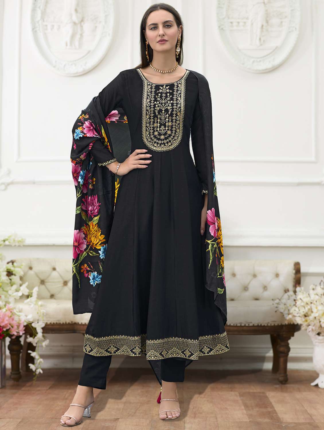 women black long sleeve anarkali kurta pant with dupatta set