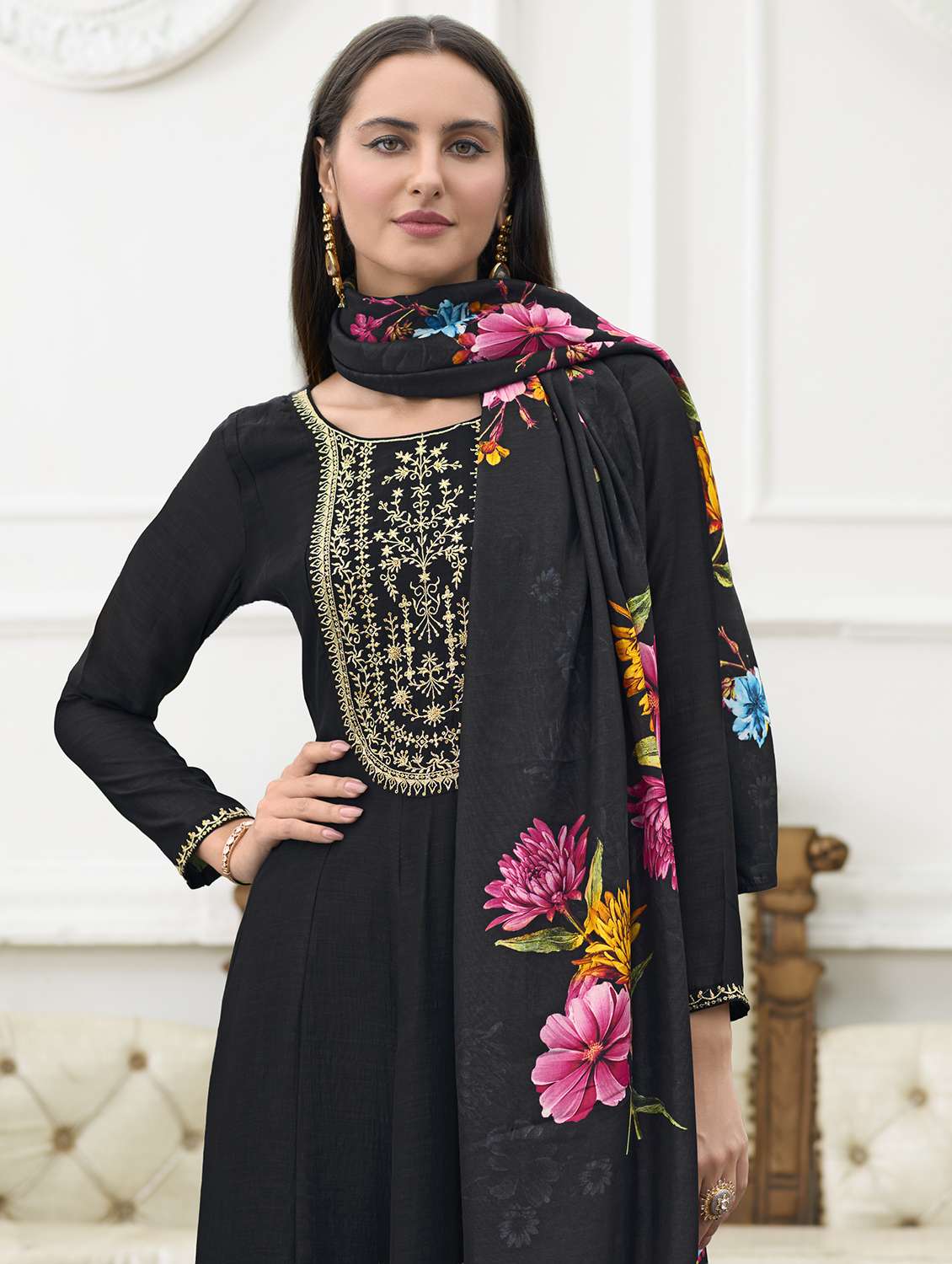 women black long sleeve anarkali kurta pant with dupatta set - 21963482 -  Standard Image - 3