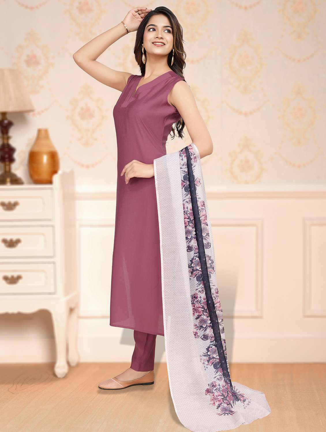 women solid sleeveless kurta pant with dupatta set - 21963485 -  Standard Image - 3