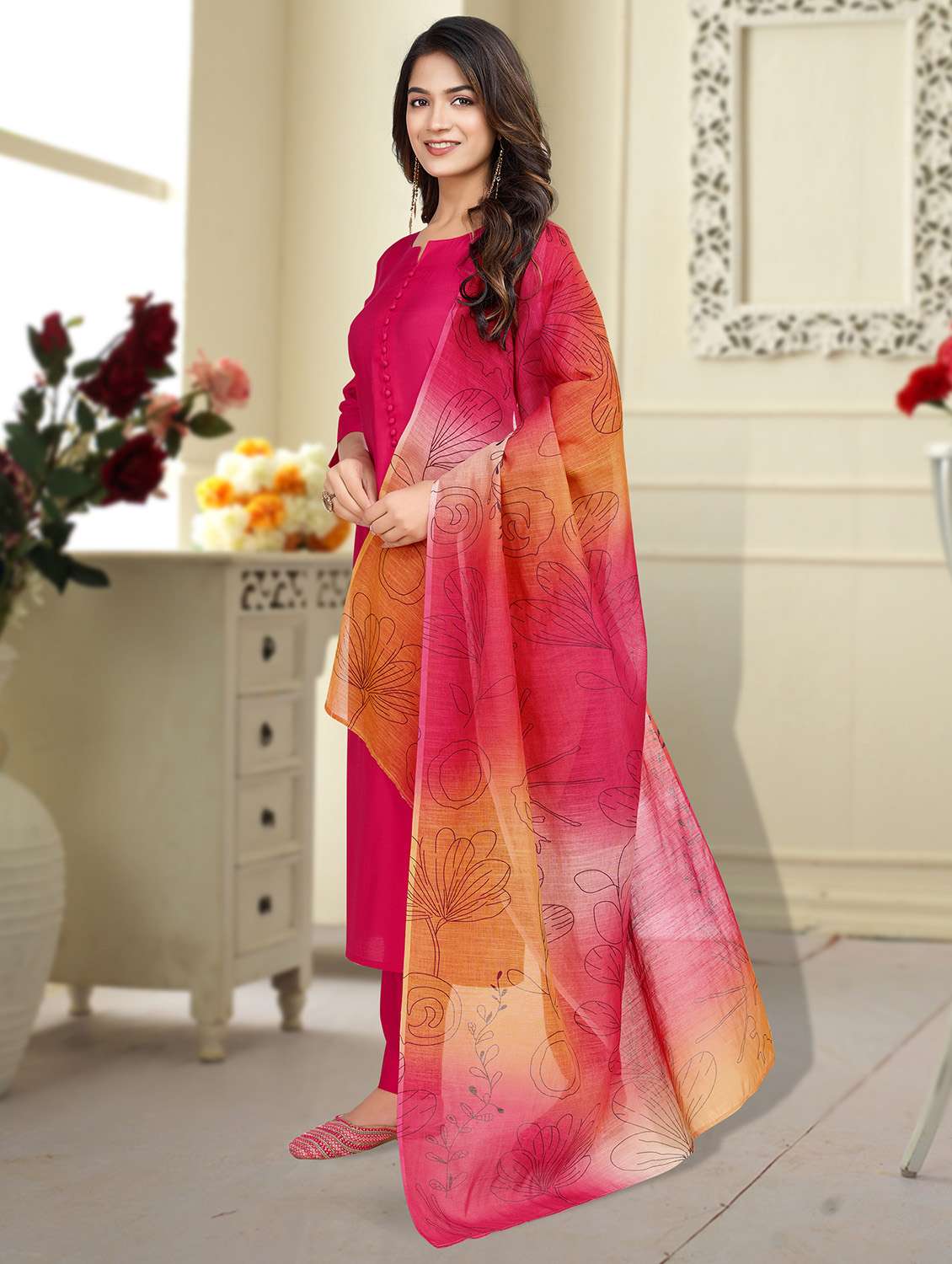 women three quarter sleeve kurta pant with dupatta set - 21963487 -  Standard Image - 3