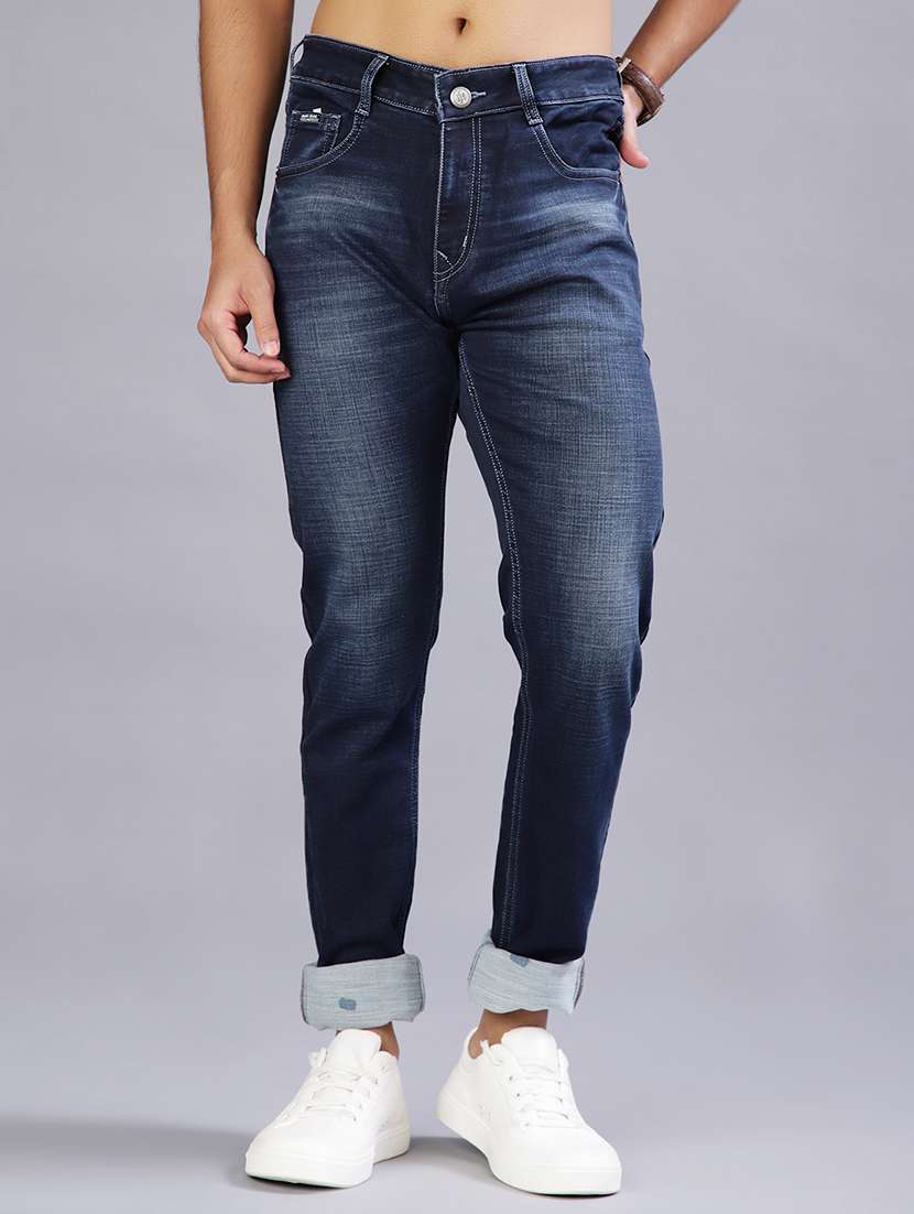 men washed mid rise full length jeans