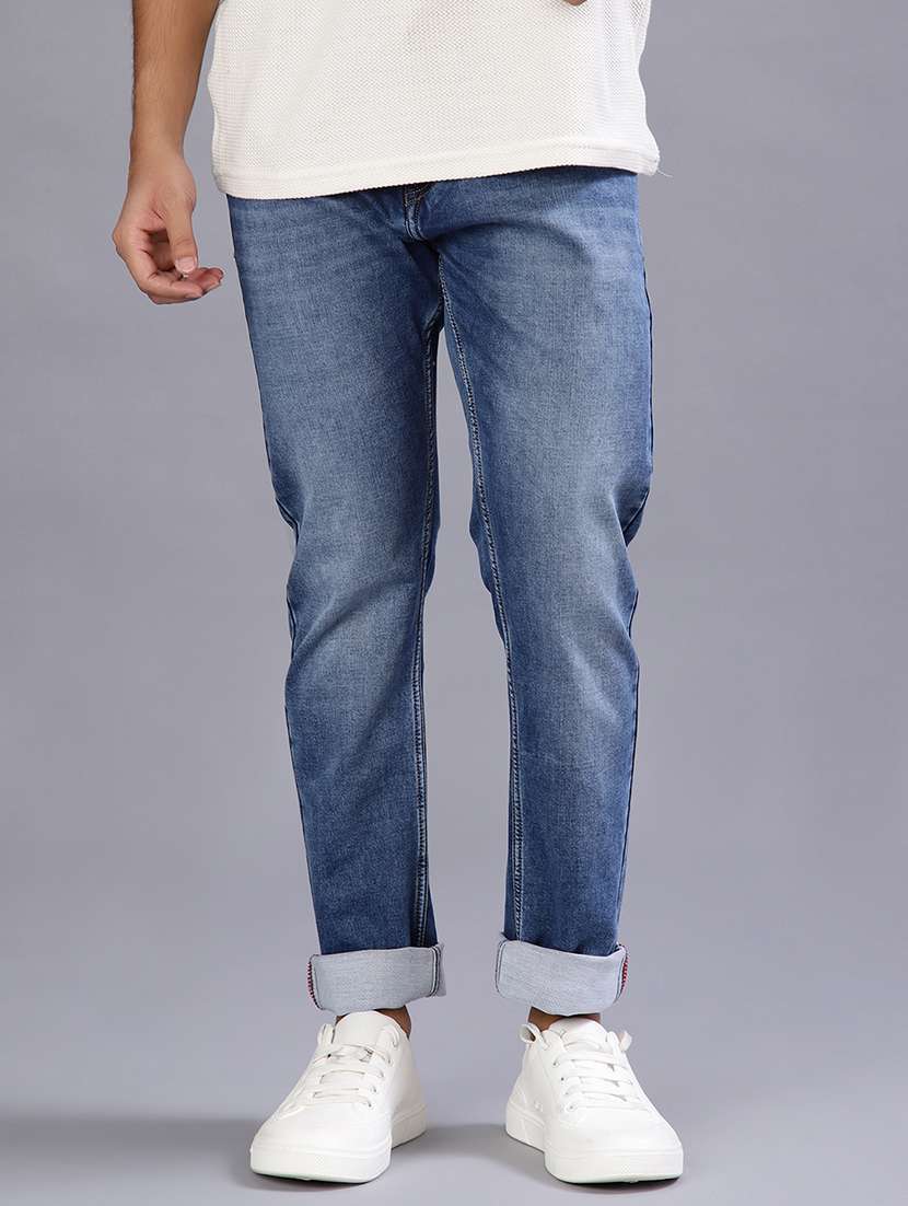 men washed mid rise full length jeans