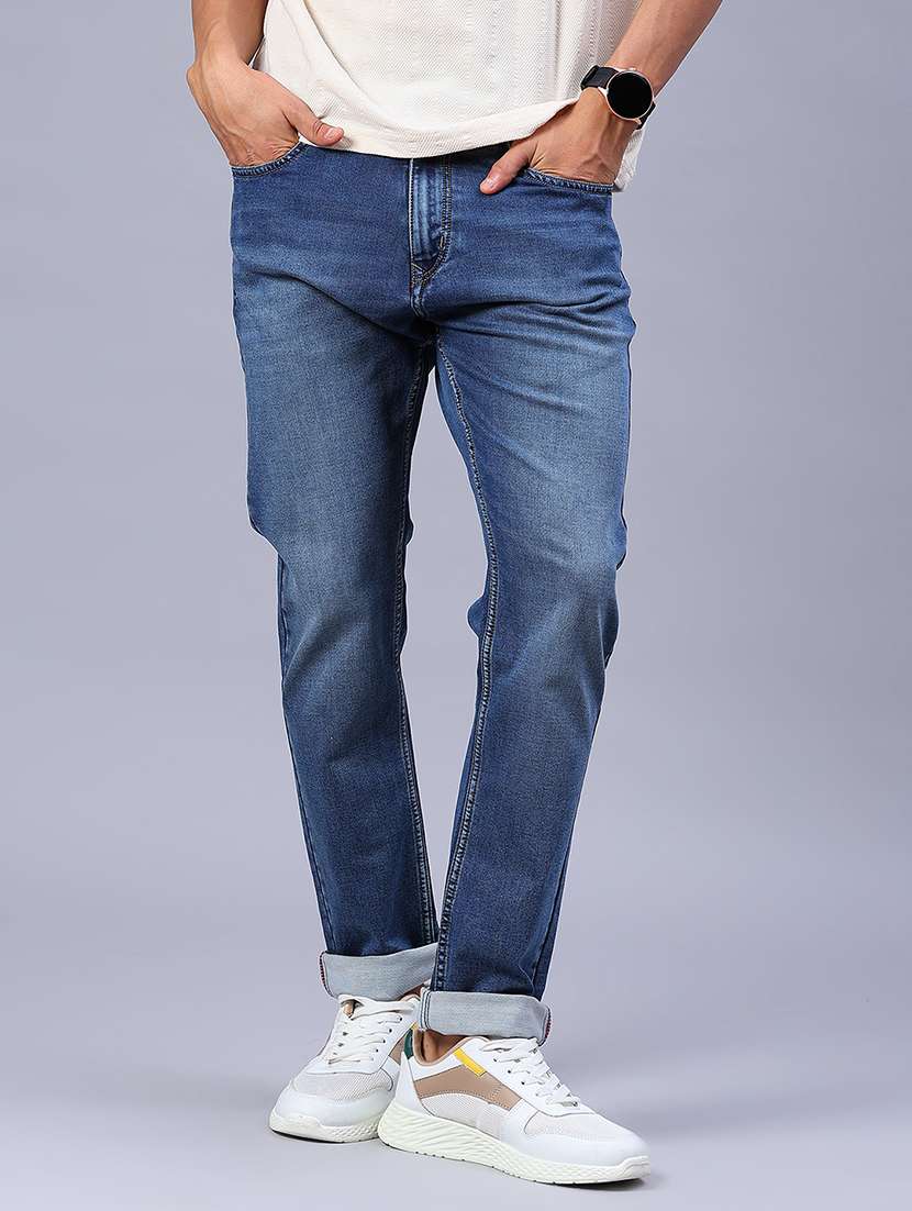 men washed mid rise full length jeans