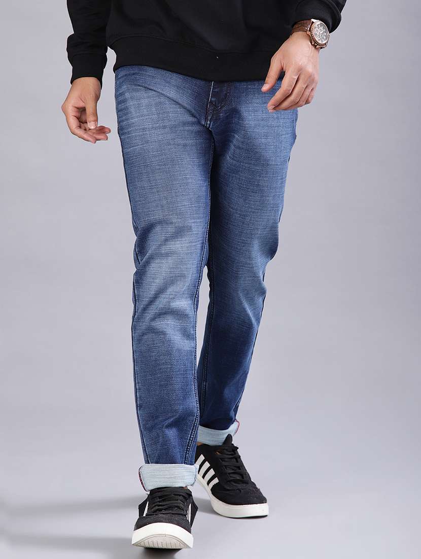 men washed mid rise full length jeans