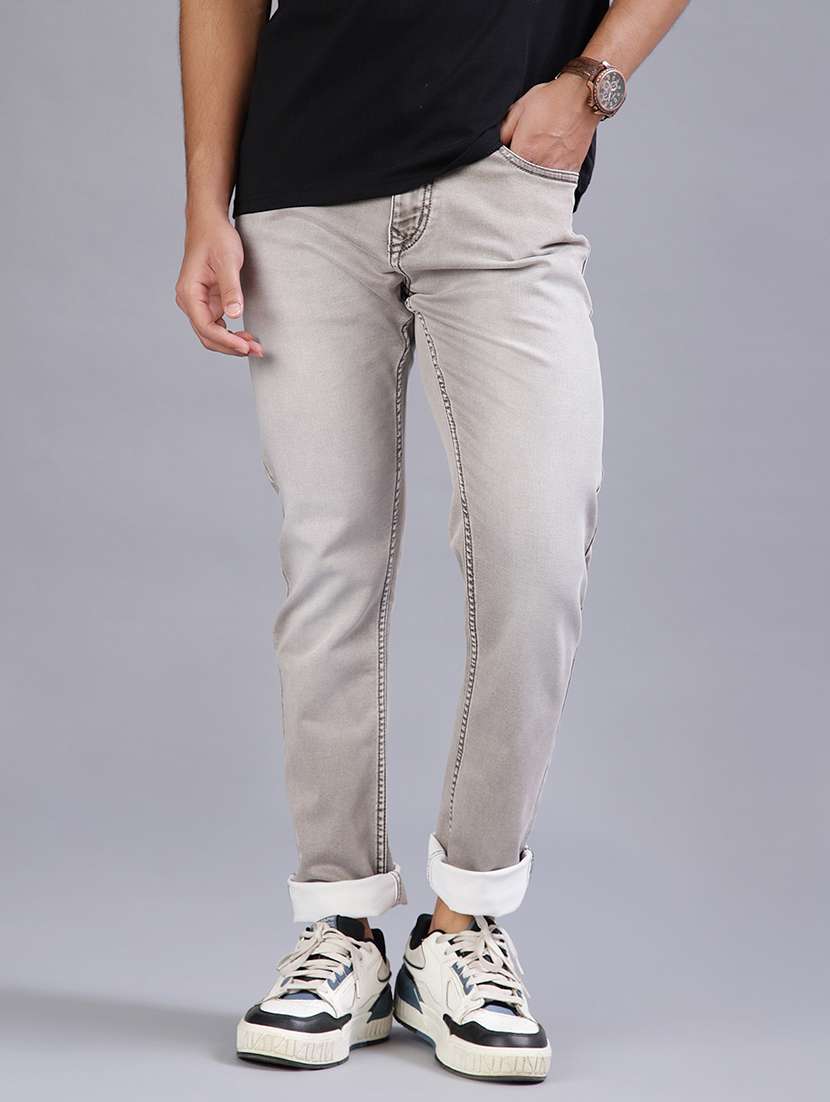 men washed mid rise full length jeans