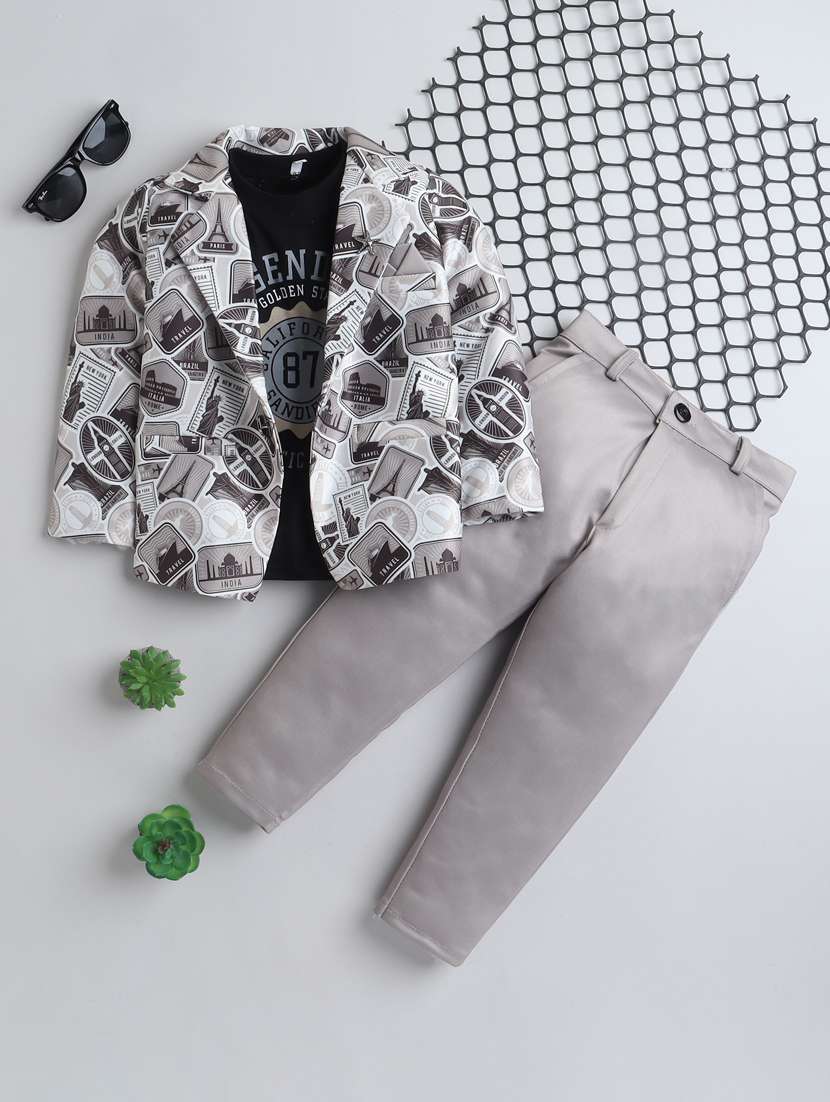 boys printed  t-shirt and trouser with blazer set