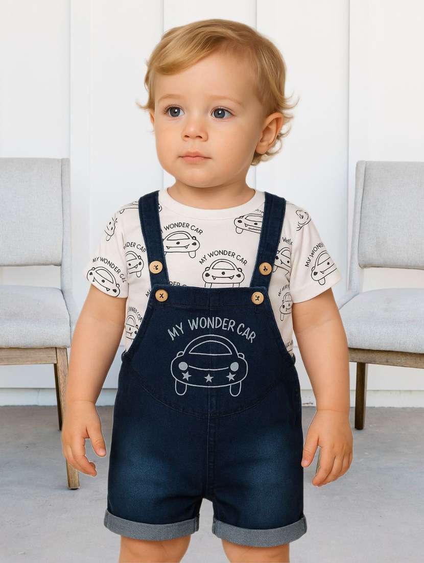 boys printed t-shirt and denim dungree