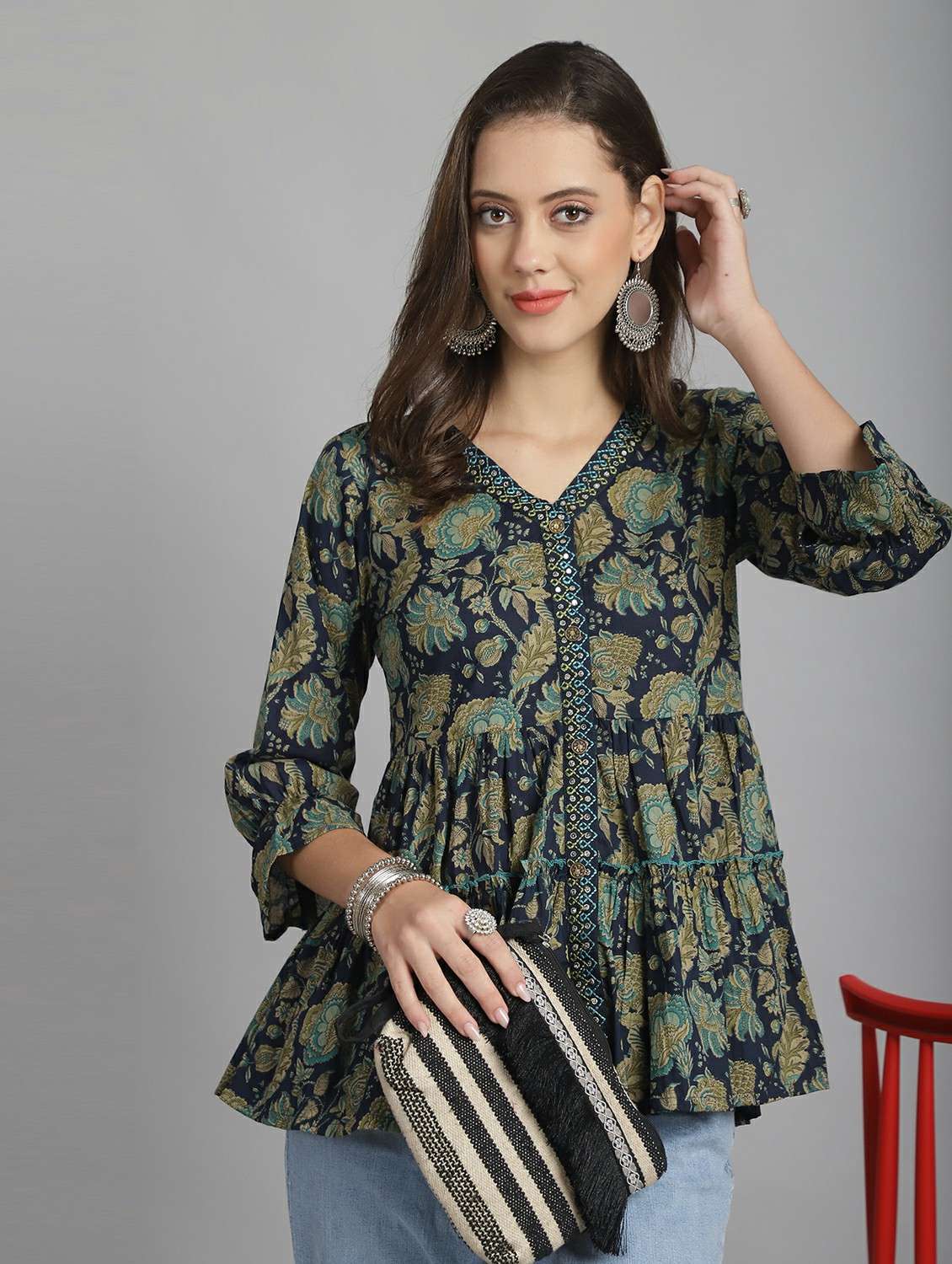 women three quarter sleeve a-line ethnic top