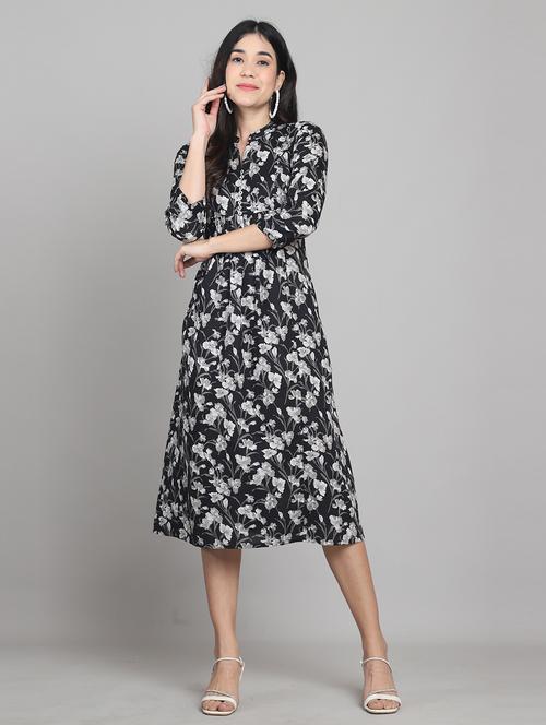 women black floral print mandarin neck a-line dress - 21964854 - Standard Image - 0