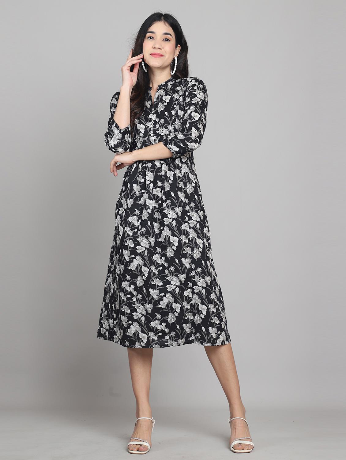 women black floral print mandarin neck a-line dress - 21964854 - Zoom Image - 0