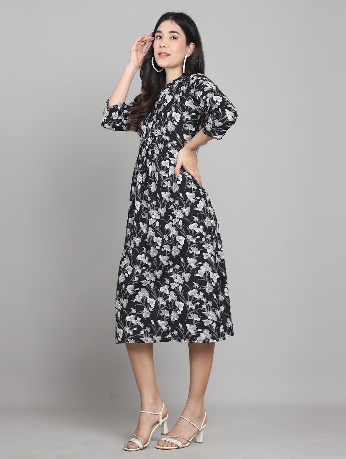 women black floral print mandarin neck a-line dress - 21964854 - Standard Image - 3