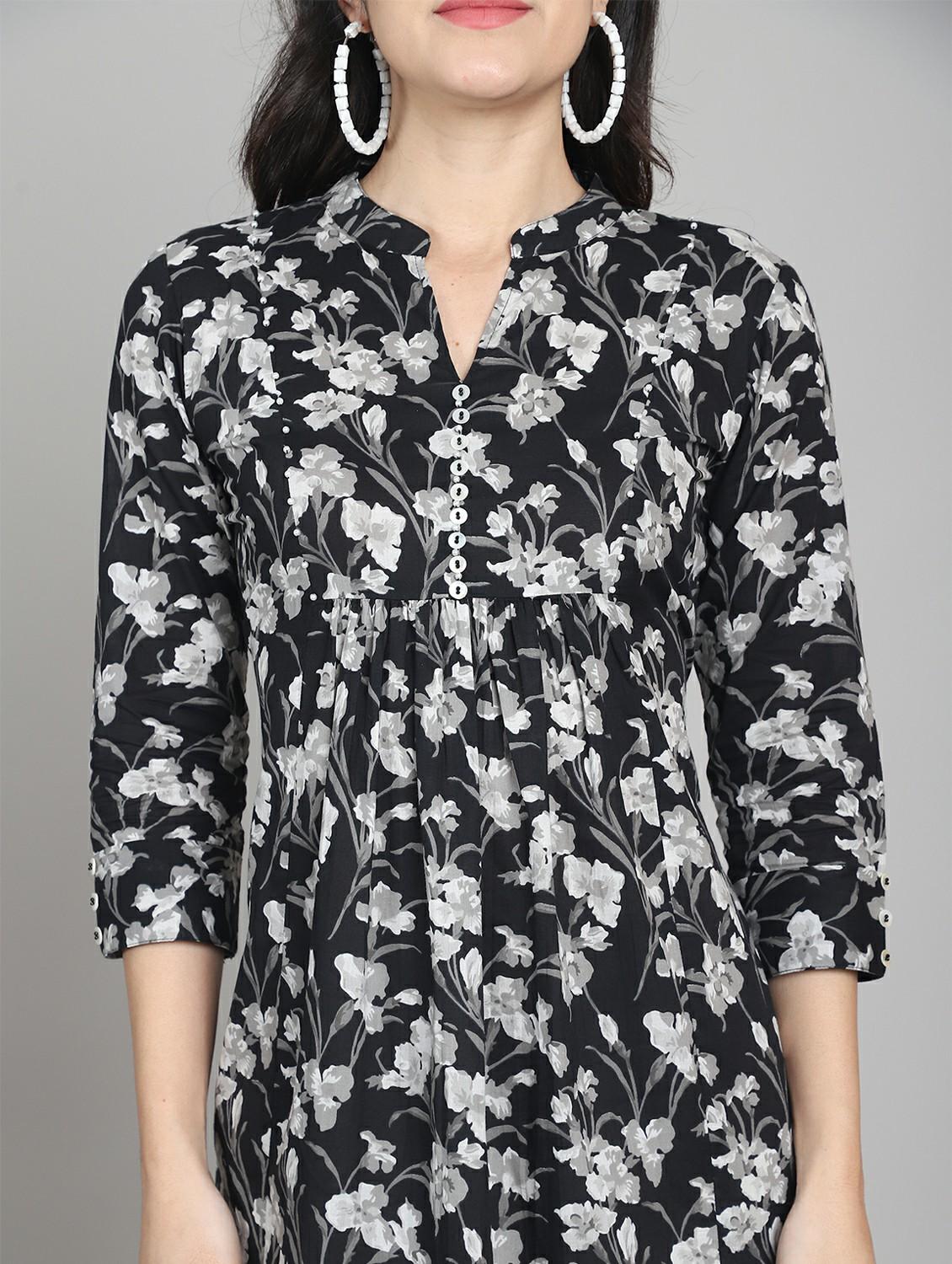women black floral print mandarin neck a-line dress - 21964854 - Standard Image - 5