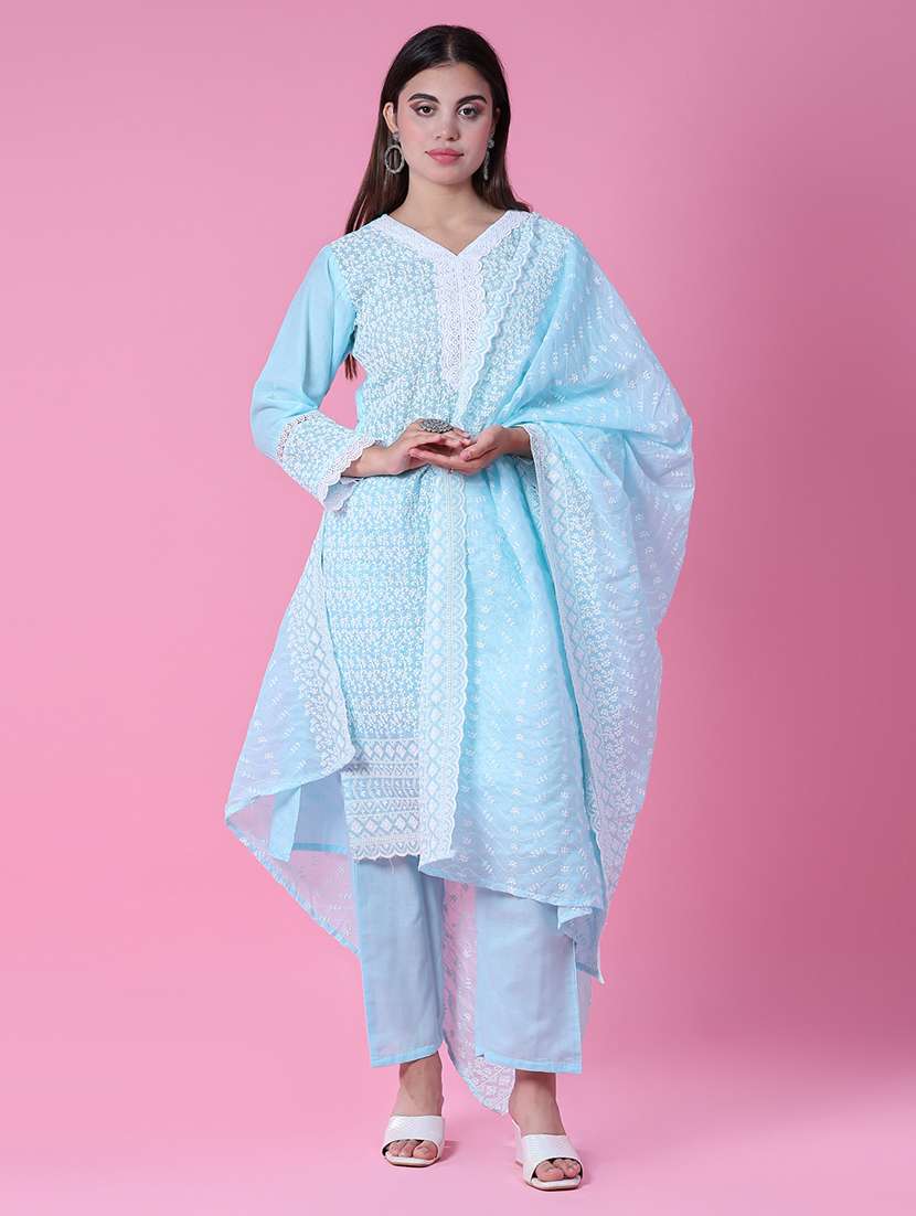 women three quarter sleeve kurta pant with dupatta set