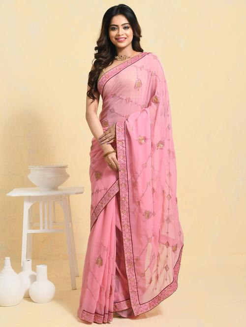 women solid with work embroidered saree with blouse - 21965542 - Standard Image - 0