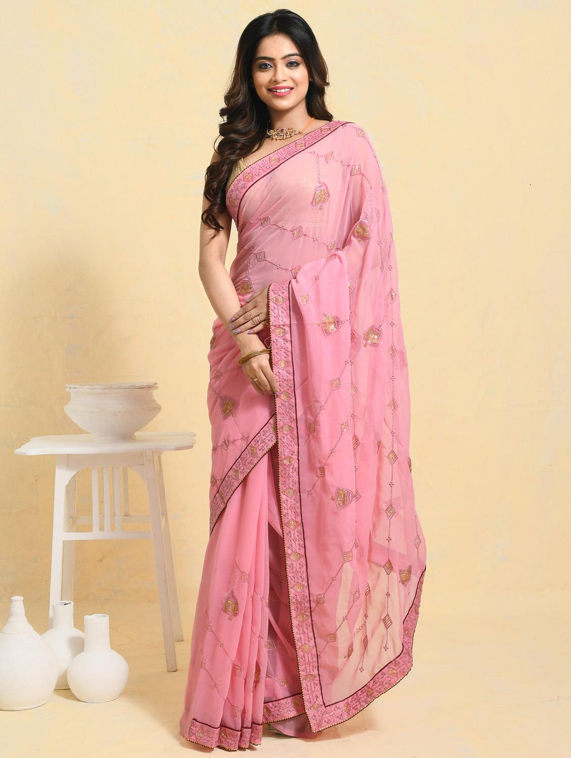 women solid with work embroidered saree with blouse - 21965542 - Zoom Image - 0