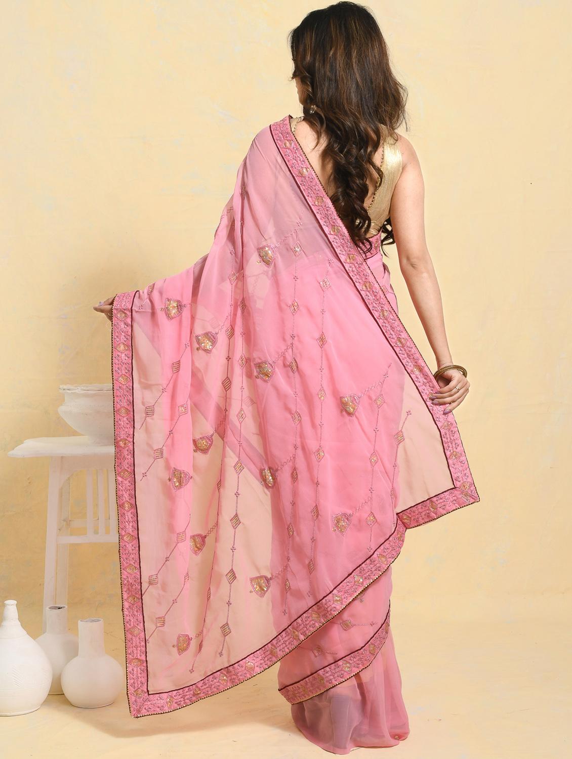 women solid with work embroidered saree with blouse - 21965542 - Standard Image - 3