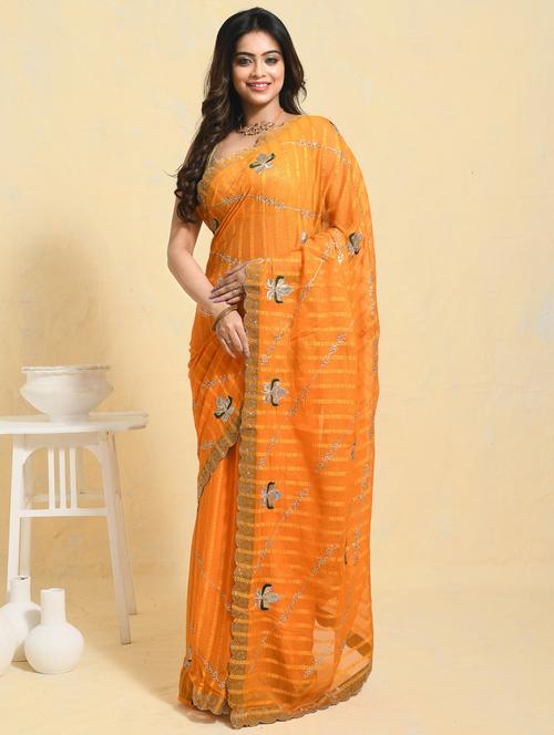 women striped embroidered saree with blouse - 21965546 - Standard Image - 0