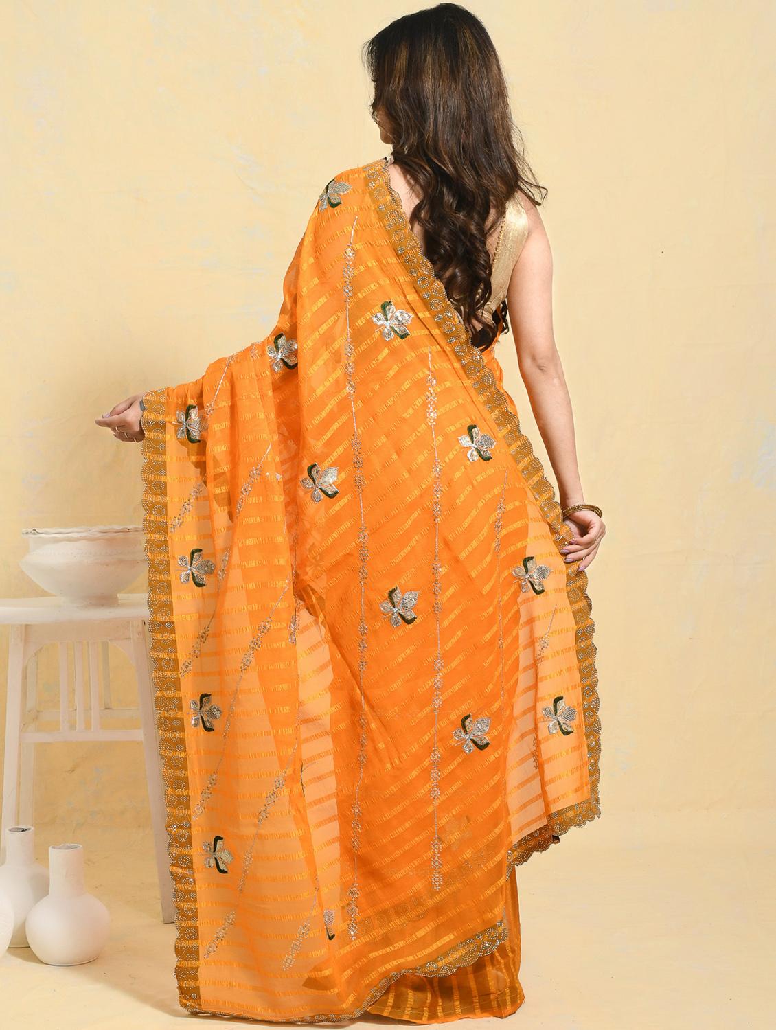 women striped embroidered saree with blouse - 21965546 - Standard Image - 3