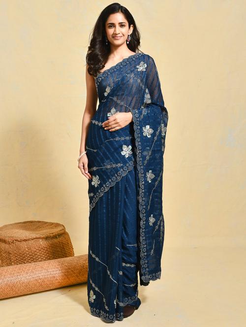 women striped embroidered saree with blouse - 21965550 - Standard Image - 0