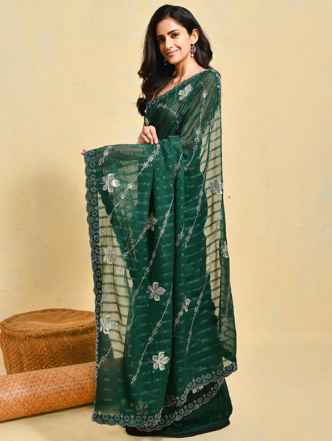women striped embroidered saree with blouse - 21965553 - Standard Image - 3