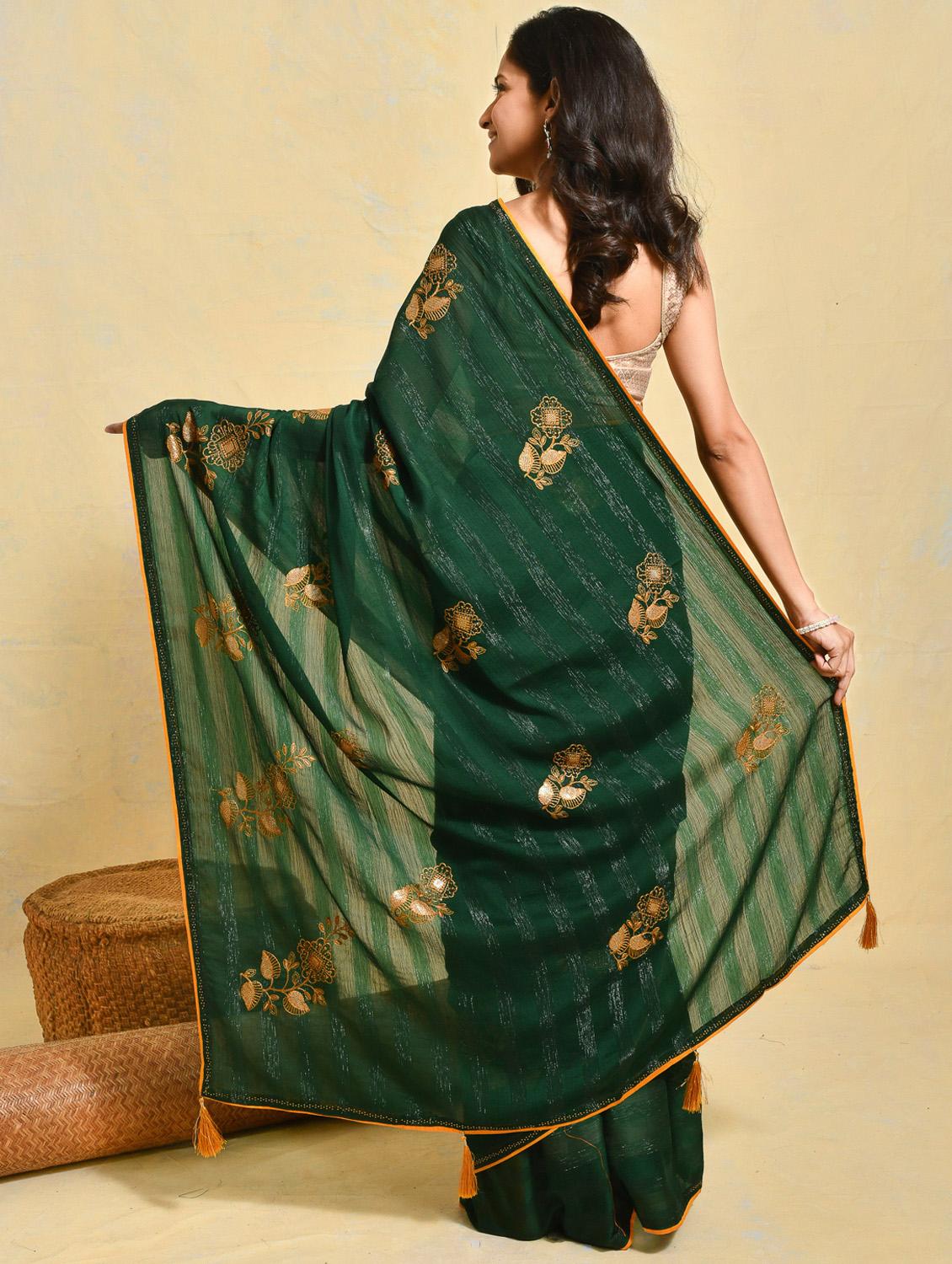 women striped embroidered saree with blouse - 21965554 - Standard Image - 3