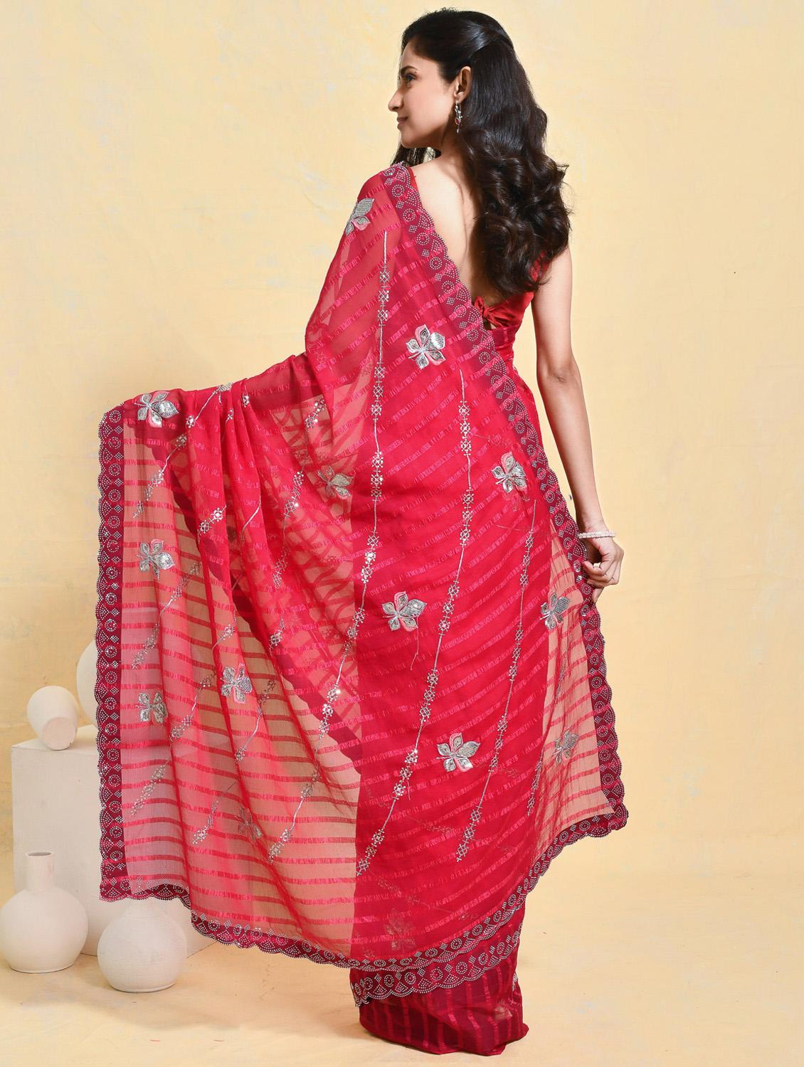 women striped embroidered saree with blouse - 21965561 - Standard Image - 3