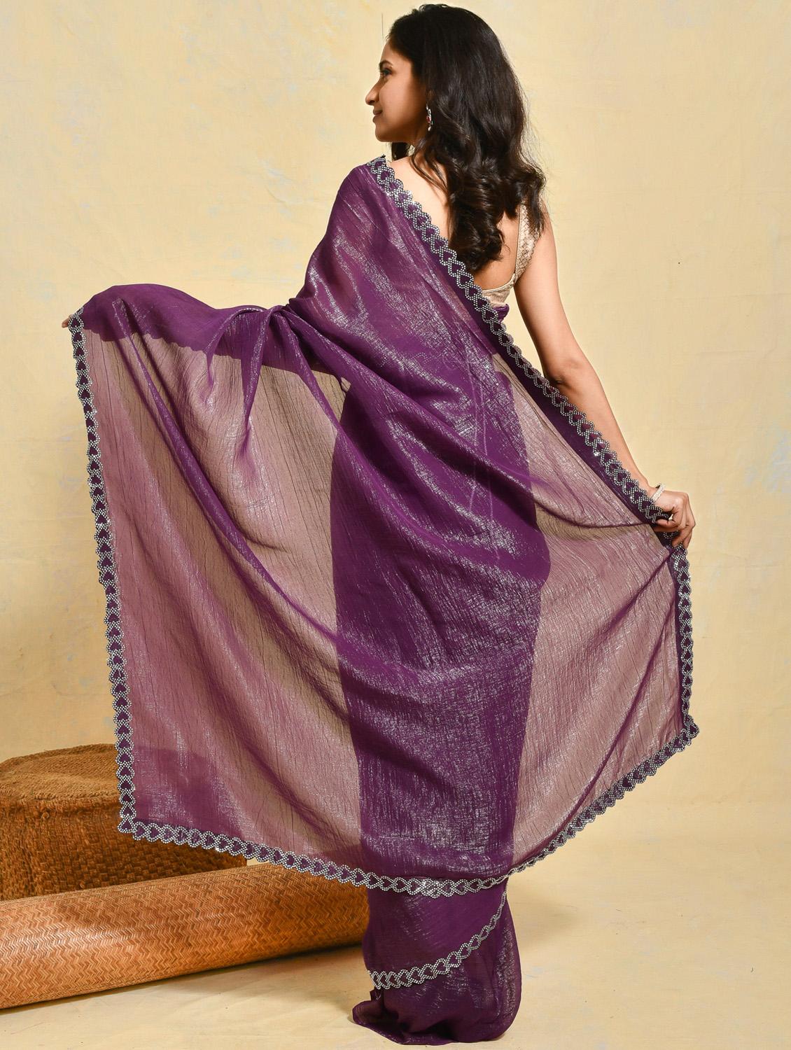 women solid with embellished bordered saree with blouse - 21965564 - Standard Image - 3